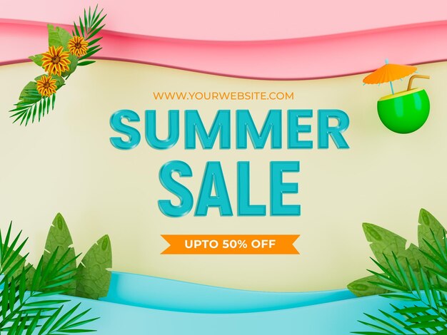 Plantilla de banner de temporada caliente de venta de verano con hojas tropicales