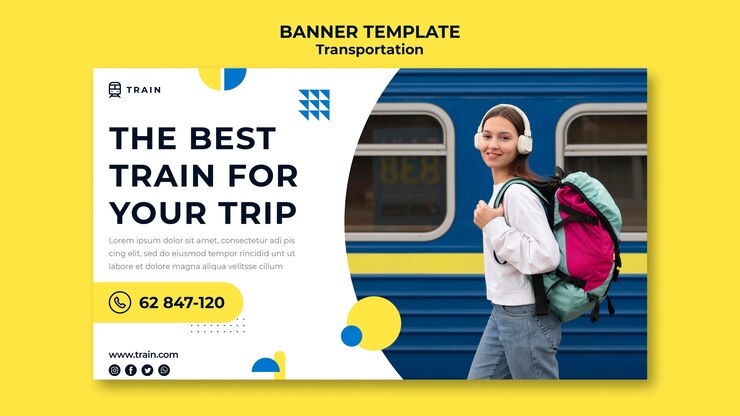 PSD gratuito plantilla de banner para transporte público en tren con mujer.