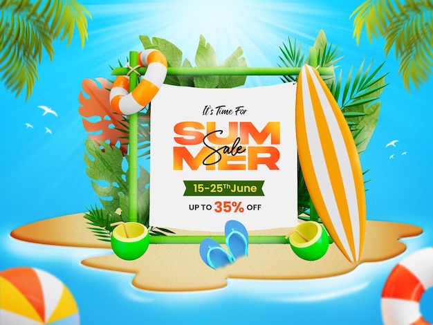 Plantilla de banner de venta de descuento de verano con coloridos elementos de playa 3D