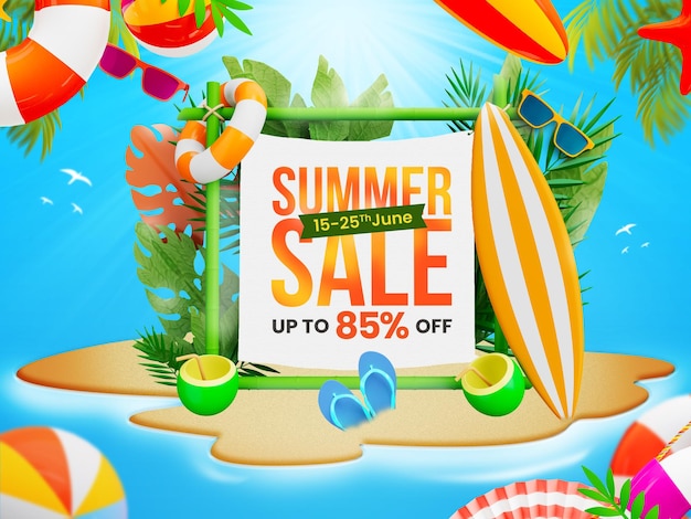 Plantilla de banner de venta de descuento de verano con coloridos elementos de playa 3D