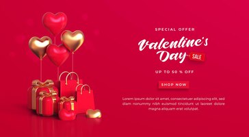 PSD gratis plantilla de banner de venta de san valentín con decoraciones románticas de san valentín 3d