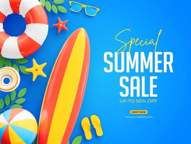 Plantilla de banner de venta de verano con oferta especial de hasta 50 de descuento