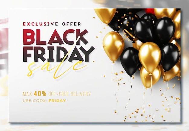 PSD gratuito plantilla de banner de venta de viernes negro con regalos y globos 3d