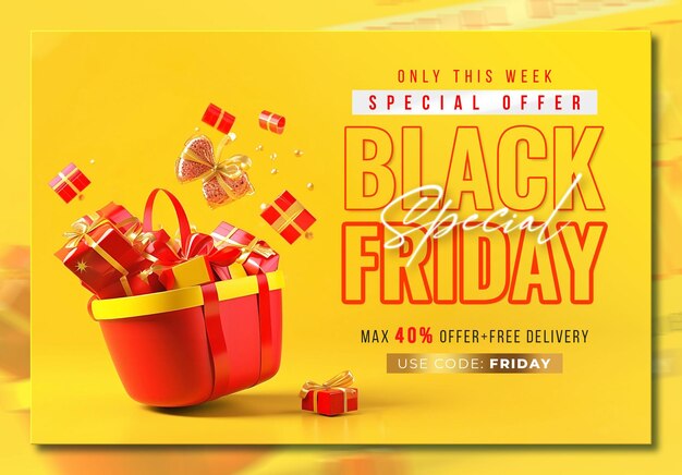 Plantilla de banner de venta del Viernes Negro con regalos y globos en 3D