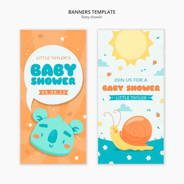 Plantilla de banner vertical de baby shower de diseño plano