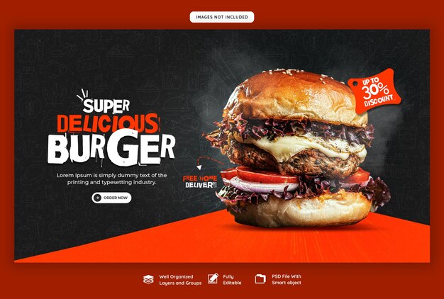 Plantilla de banner web de deliciosa hamburguesa y menú de comida