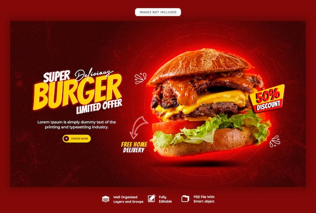 PSD gratuito plantilla de banner web de deliciosa hamburguesa y menú de comida