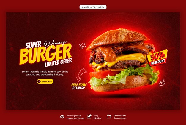 Plantilla de banner web de deliciosa hamburguesa y menú de comida