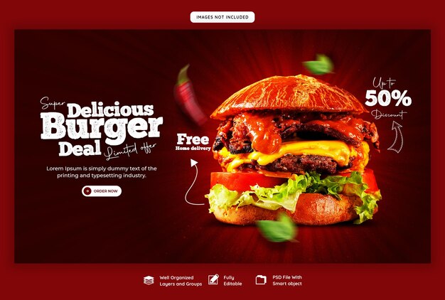 Plantilla de banner web de deliciosa hamburguesa y menú de comida