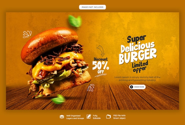 Plantilla de banner web de deliciosa hamburguesa y menú de comida