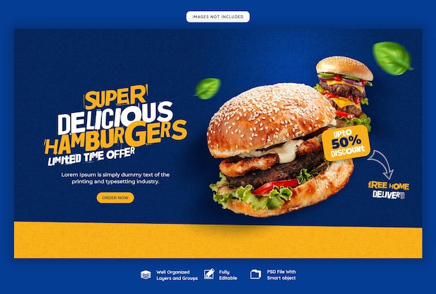 Plantilla de banner web de deliciosa hamburguesa y menú de comida