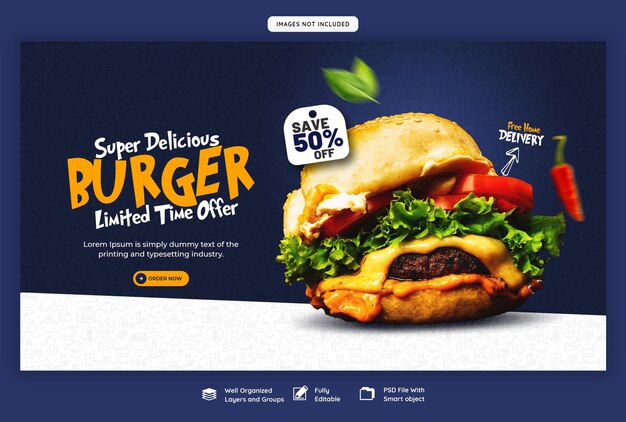 Plantilla de banner web de deliciosa hamburguesa y menú de comida