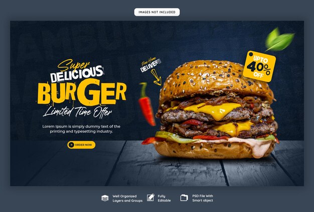 Plantilla de banner web de deliciosa hamburguesa y menú de comida