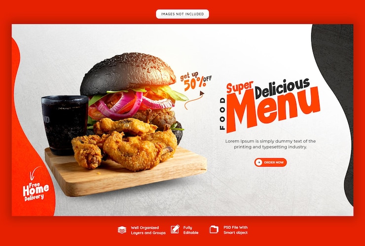 PSD gratuito plantilla de banner web de deliciosa hamburguesa y menú de comida