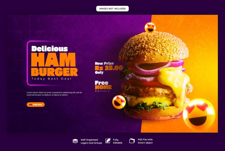 PSD gratuito plantilla de banner web de deliciosa hamburguesa y menú de comida