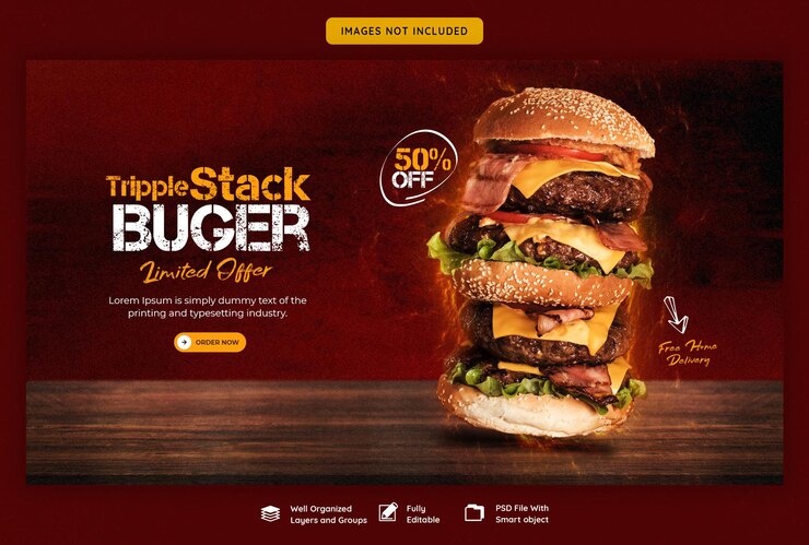 PSD gratuito plantilla de banner web de deliciosa hamburguesa y menú de comida