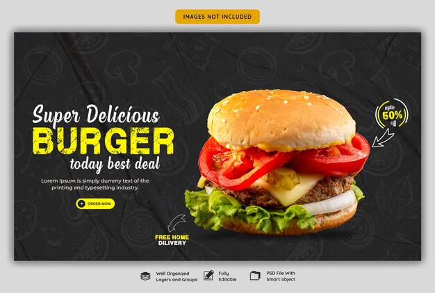Plantilla de banner web de deliciosa hamburguesa y menú de comida