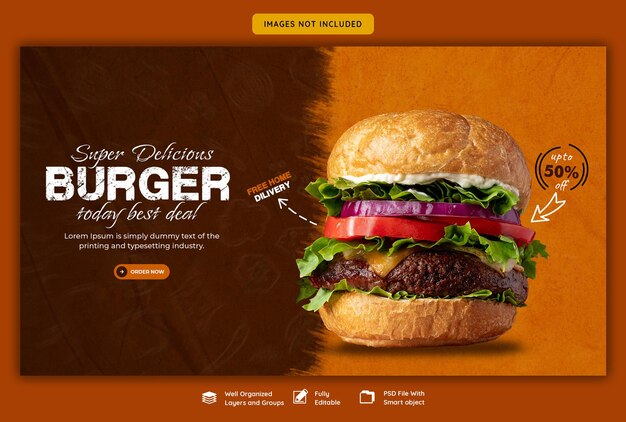 Plantilla de banner web de deliciosa hamburguesa y menú de comida