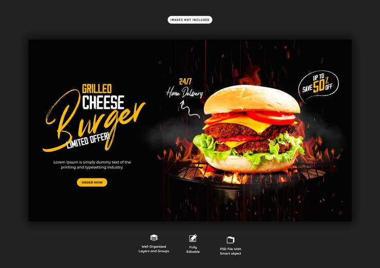 PSD gratuito plantilla de banner web de deliciosa hamburguesa y menú de comida
