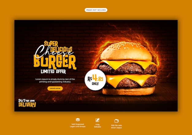 Plantilla de banner web de deliciosa hamburguesa y menú de comida