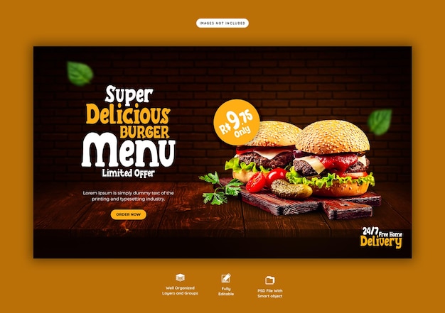 PSD gratuito plantilla de banner web de deliciosa hamburguesa y menú de comida