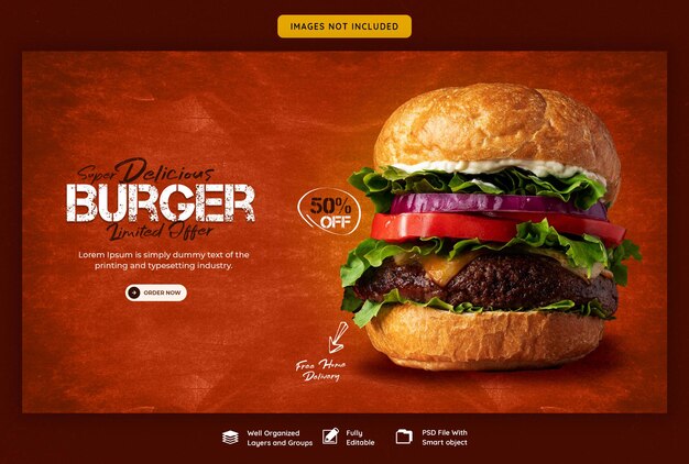 Plantilla de banner web delicioso menú de hamburguesas y comida