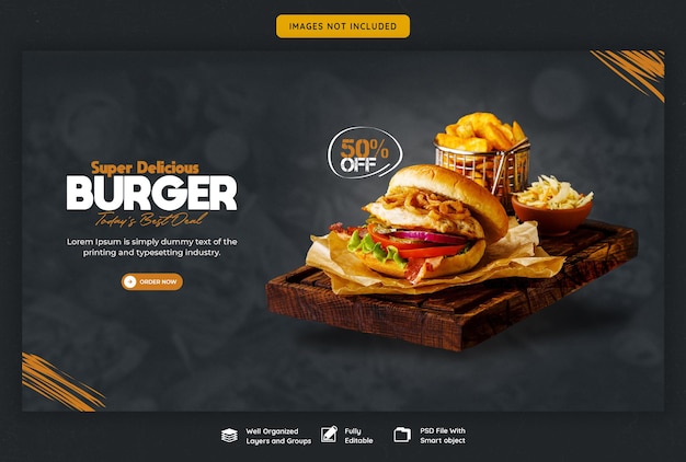 Plantilla de banner web delicioso menú de hamburguesas y comida