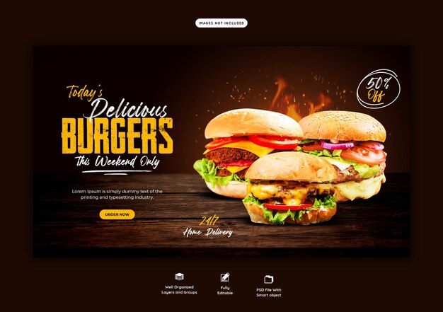 Plantilla de banner web delicioso menú de hamburguesas y comida