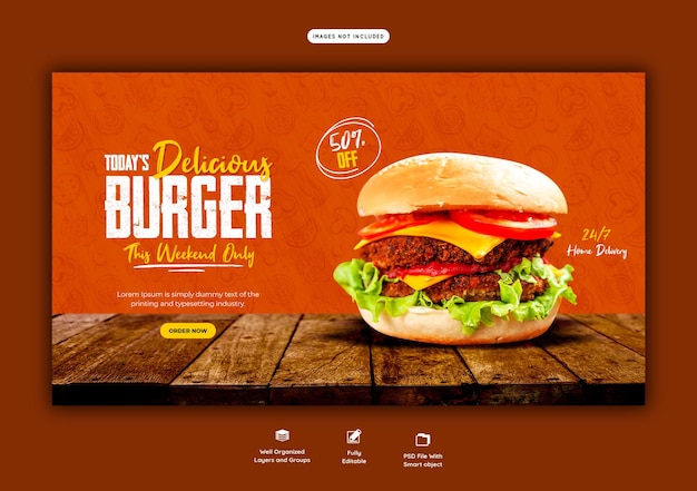 Plantilla de banner web delicioso menú de hamburguesas y comida