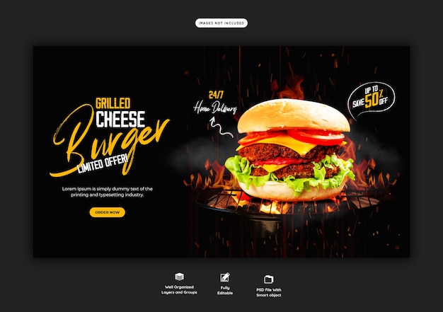 Plantilla de banner web delicioso menú de hamburguesas y comida