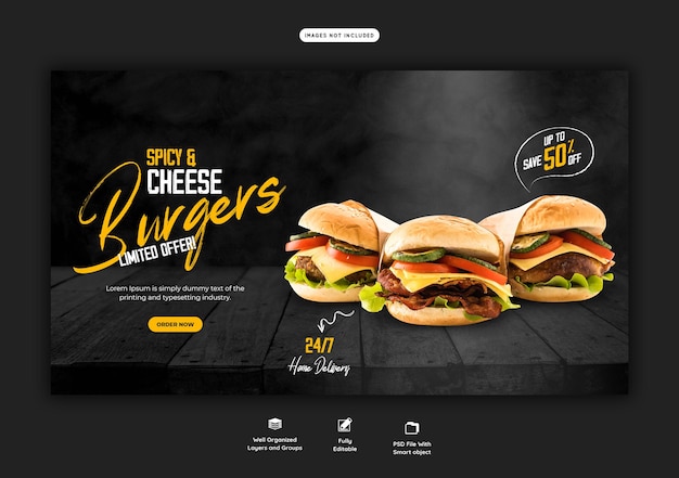 Plantilla de banner web delicioso menú de hamburguesas y comida