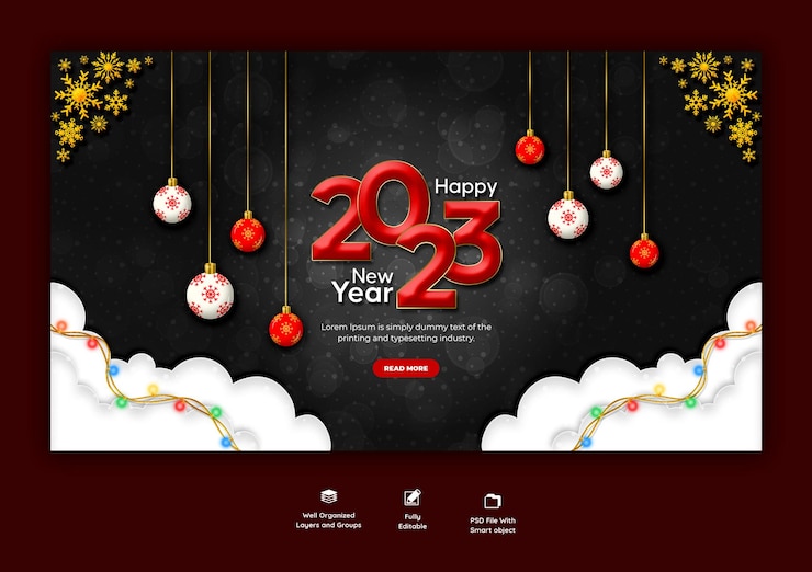 PSD gratuito plantilla de banner web feliz año nuevo 2023 y feliz navidad