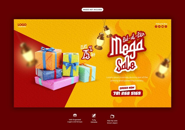 Plantilla de banner web de mega venta de eid mubarak y eid ul fitr