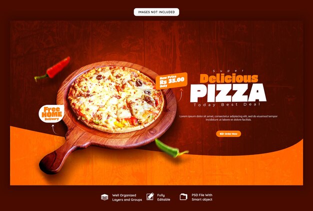 Plantilla de banner web de menú de comida y deliciosa pizza