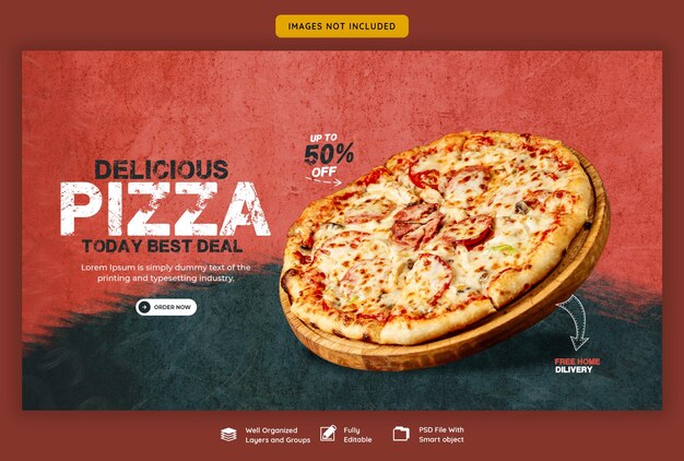 Plantilla de banner web de menú de comida y deliciosa pizza