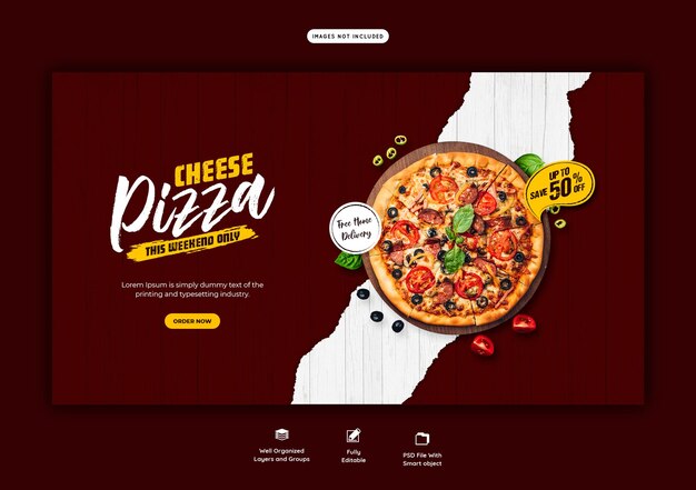 Plantilla de banner web de menú de comida y pizza de queso