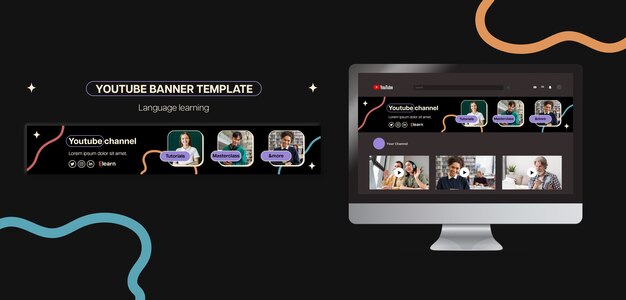 Plantilla de banner de youtube de aprendizaje de idiomas de diseño plano