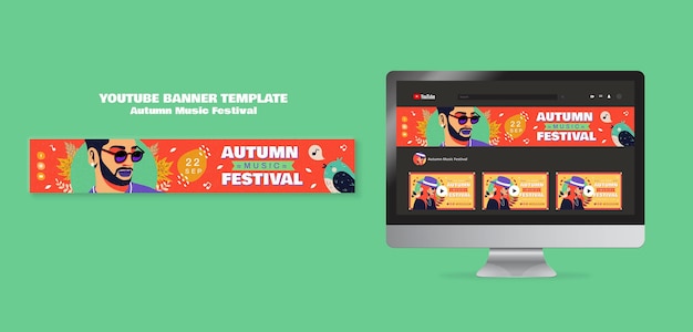 PSD gratuito plantilla de banner de youtube de festival de otoño de diseño plano