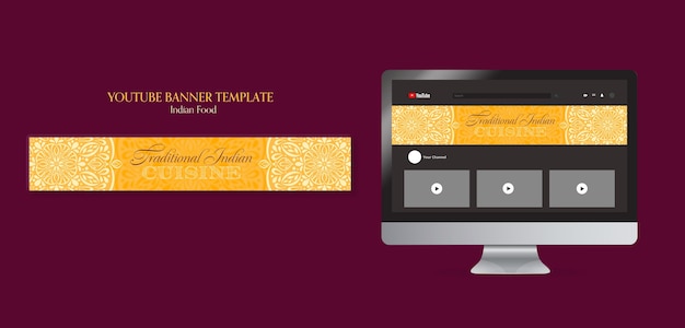 Plantilla de banner de youtube de restaurante de comida india con diseño de mandala