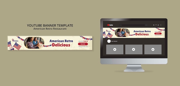 PSD gratuito plantilla de banner de youtube para restaurante retro americano