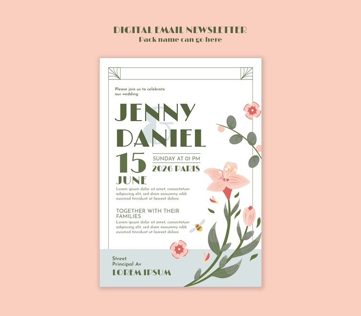 PSD gratuito plantilla de boletín digital para la celebración de bodas