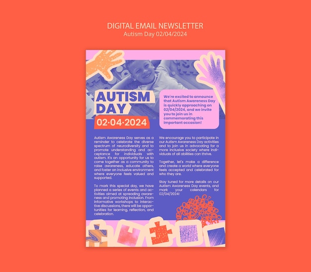 PSD gratuito plantilla de boletín digital para la celebración del día del autismo