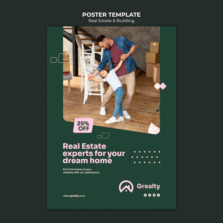 PSD gratuito plantilla de cartel de bienes raíces de diseño plano