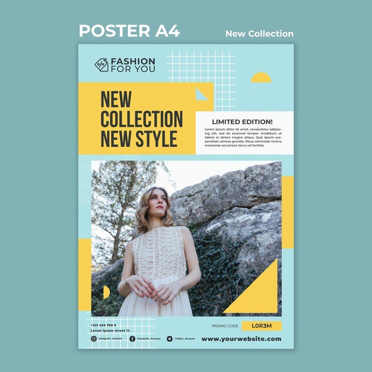 PSD gratuito plantilla de cartel para colección de moda con mujer en la naturaleza.