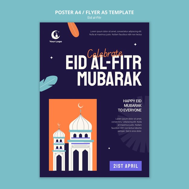 Plantilla de cartel de eid al fitr de diseño plano