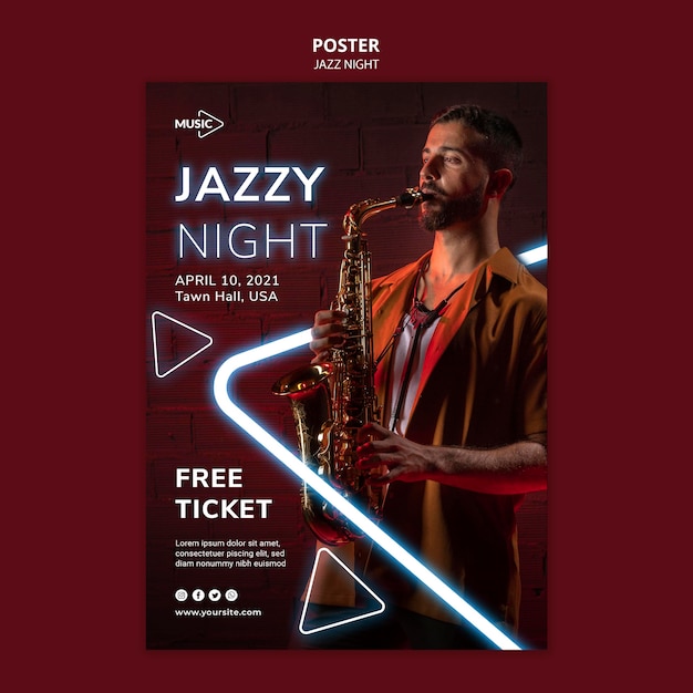 PSD gratuito plantilla de cartel para evento nocturno de jazz de neón