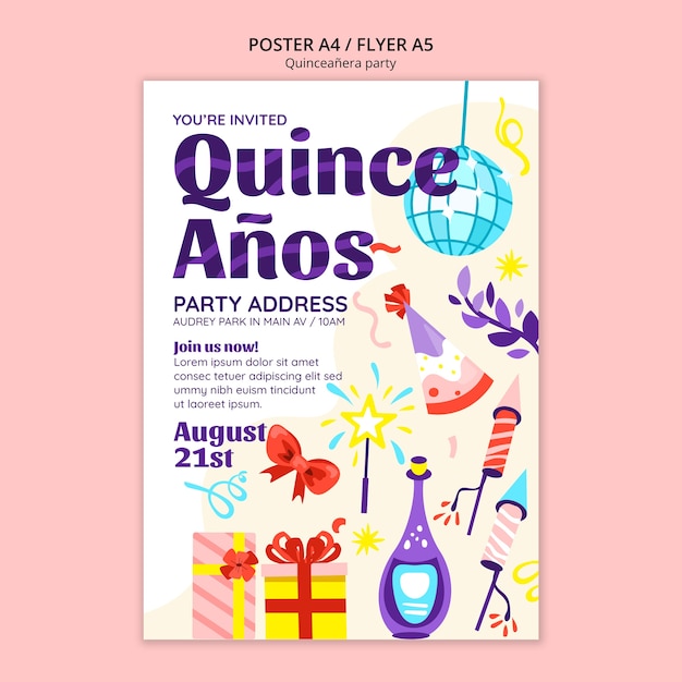 PSD gratuito plantilla de cartel de fiesta de quinceañera de diseño plano