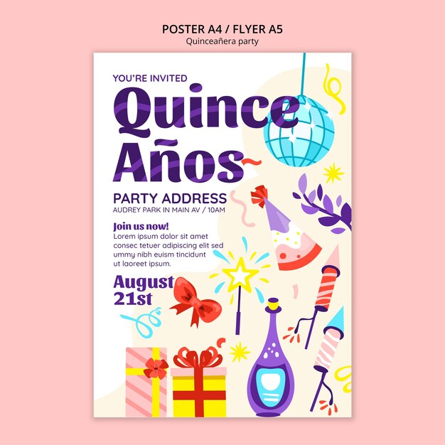 Plantilla de cartel de fiesta de quinceañera de diseño plano