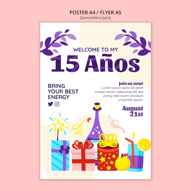 PSD gratuito plantilla de cartel de fiesta de quinceañera de diseño plano