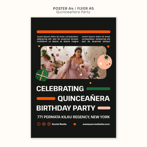 PSD gratuito plantilla de cartel de fiesta de quinceañera de diseño plano